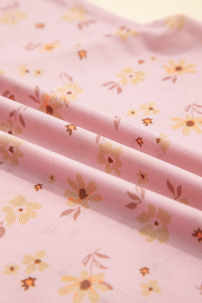 Pink Vintage Floral Print Southern Style Mesh Long Sleeve Top