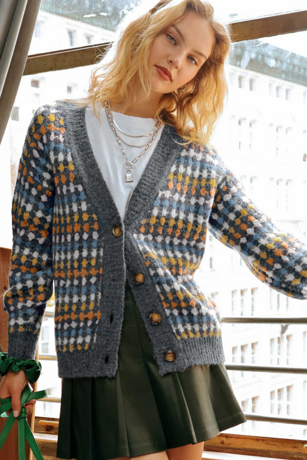 Multicolour Dotty Pattern Knit Button Front V Neck Sweater Cardigan