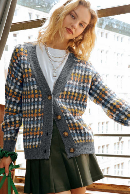 Multicolour Dotty Pattern Knit Button Front V Neck Sweater Cardigan