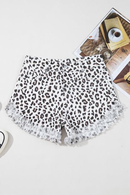 White Leopard Frayed Hem Denim Shorts