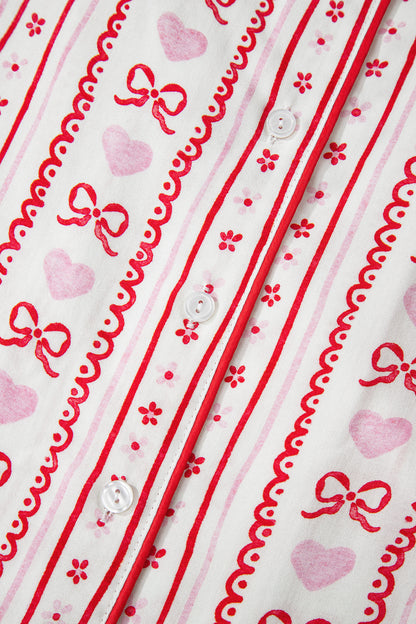 Red Cute Bow Heart Print Ribbon Decor Short 2pcs Pajama Set