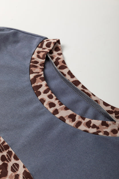 Dark Blue Leopard Colorblock Patchwork Long Sleeve Drop Shoulder Top