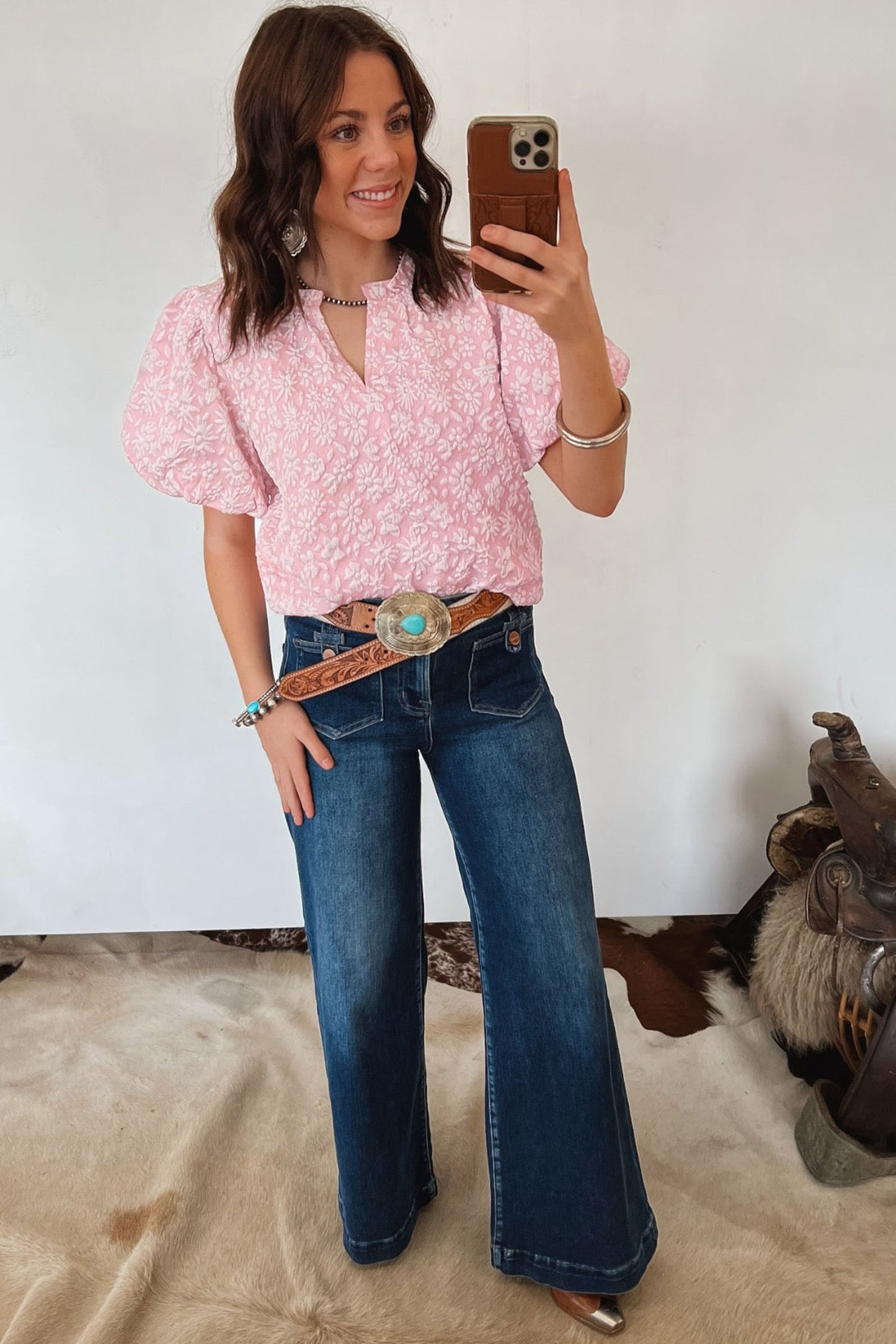 Iceland Blue Floral Textured Jacquard Puff Sleeve Blouse