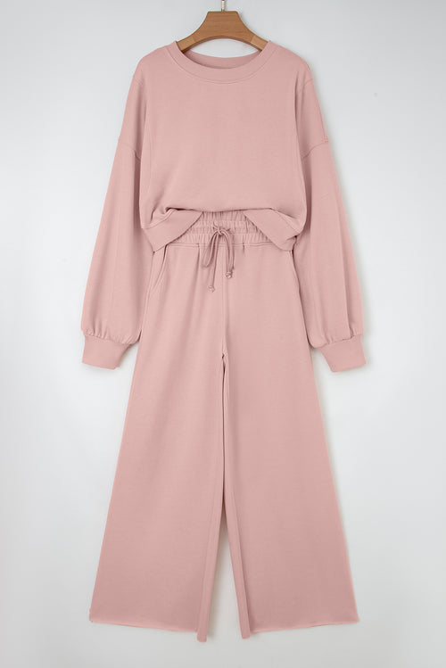 Light Pink Drop Shoulder Puff Sleeve Crop Pullover Drawstring Wide Leg Pants Set