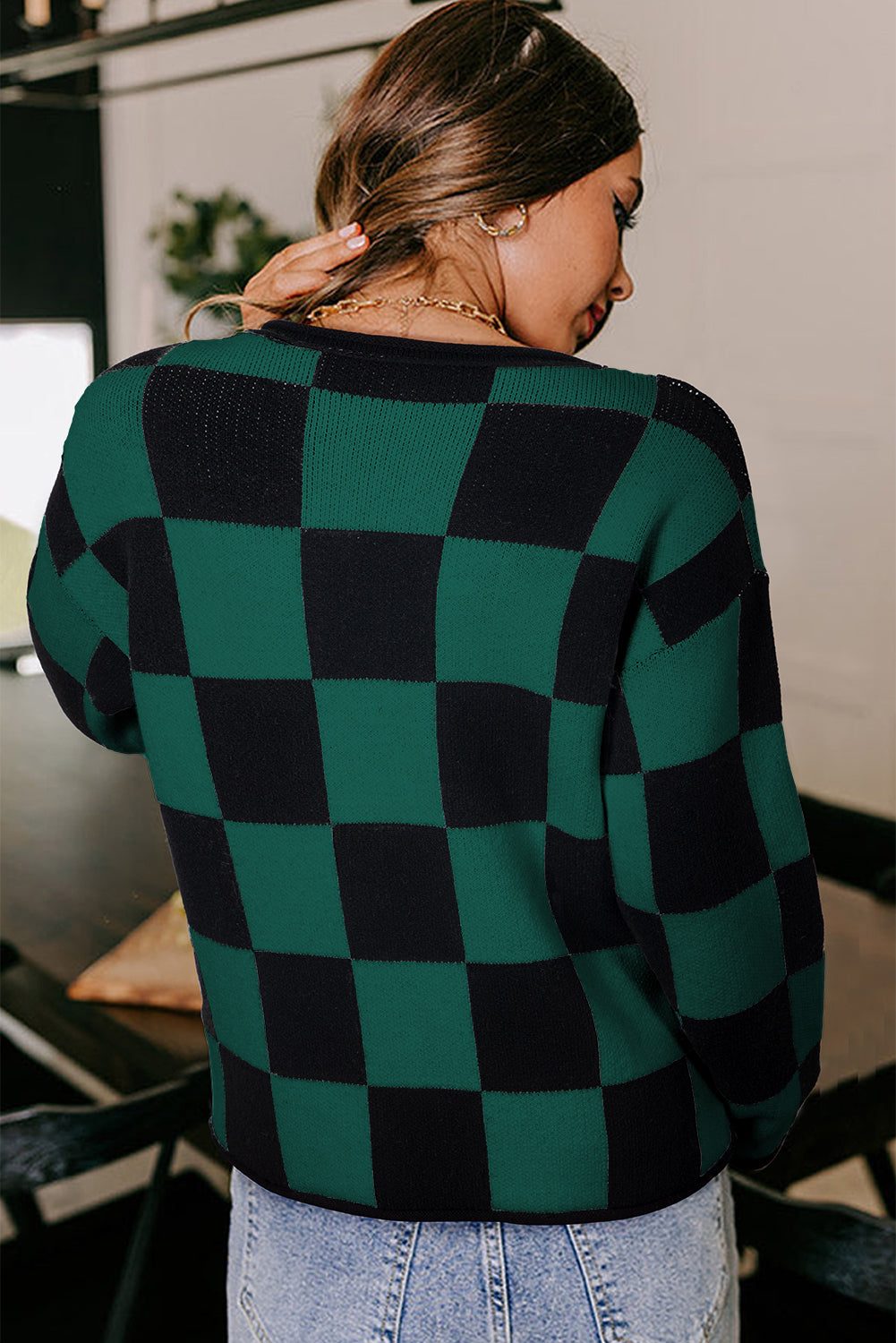 Black Checked Notched Neckline Drop Shoulder Knit Sweater