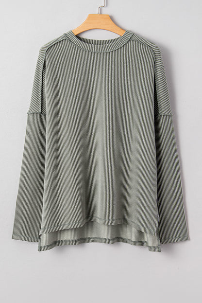 Parchment Twist Ribbed Exposed Seam Detail Long Sleeve Loose Top
