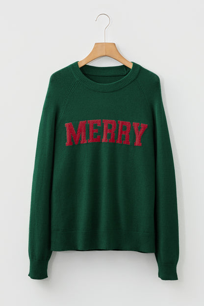 Racing Red MERRY Letter Pattern Christmas Raglan Sleeve Sweater