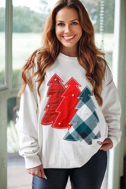 White Pearl Plaid Christmas Tree Patched Drop Shoulder Sweatshirt