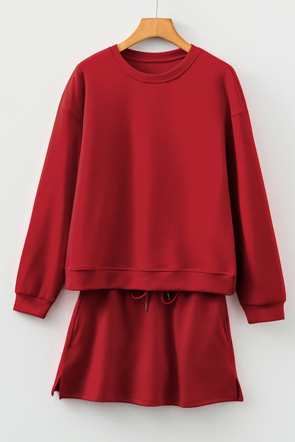 Racing Red Solid Color Drop Shoulder Pullover Drawstring Mini Skirt 2pcs Outfit