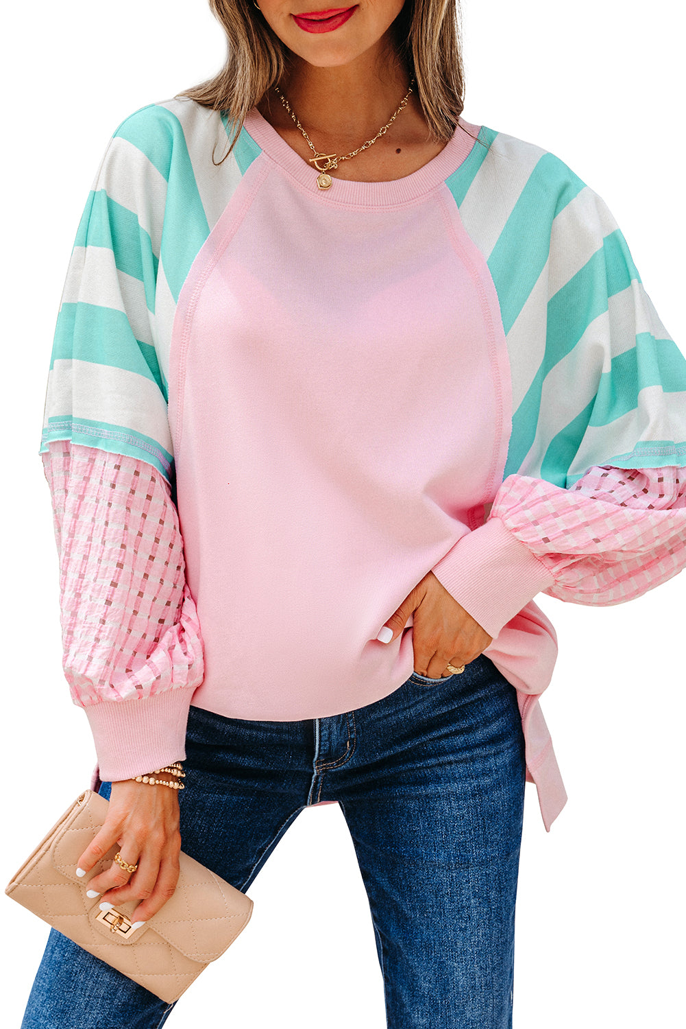 Bonbon Striped Colorblock Patchwork Raglan Pullover Top with Slits