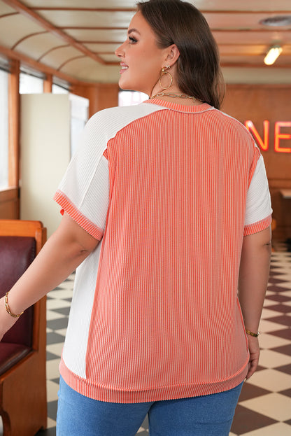Carrot Twist Rib Colorblock Hi Low Plus Size Short Sleeve Top
