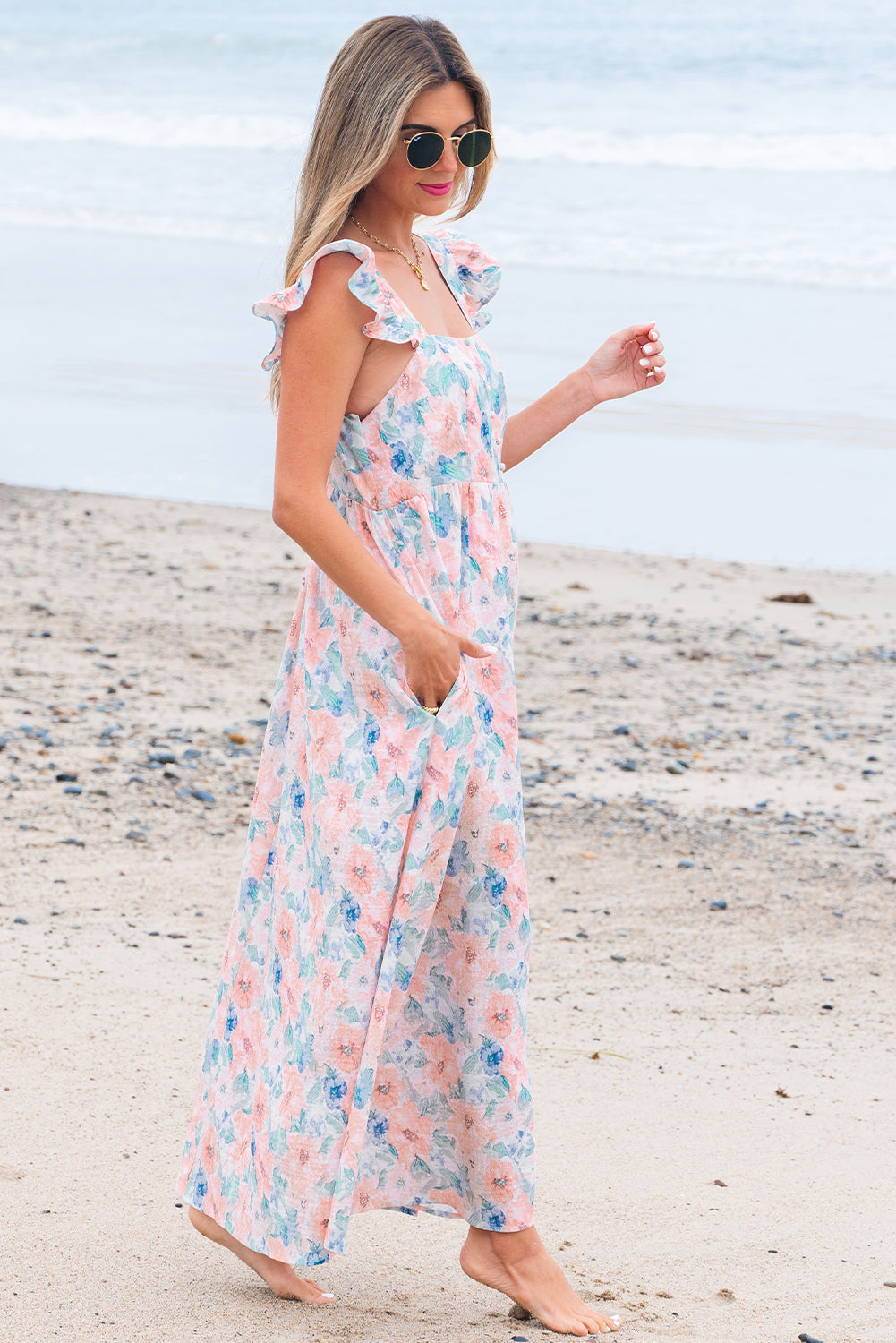 Pink Floral Print Square Neck Backless Long Dress with Slit