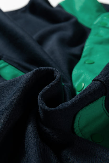 Navy Blue Color Block Patchwork Half Button Pullover and Shorts 2pcs Outfit