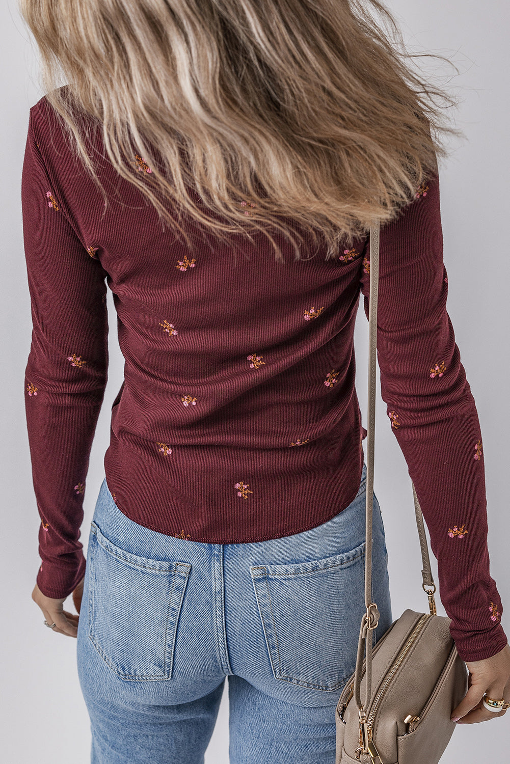 Burgundy Notched Neck Floral Print Ribbed Long Sleeve Top
