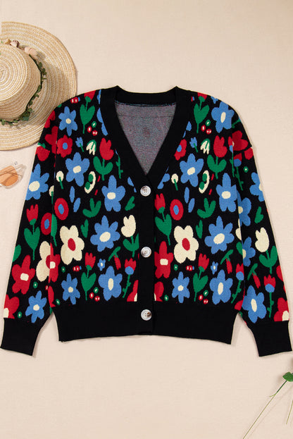 Black Floral Print V Neck Buttoned Short Cardigan Sweater
