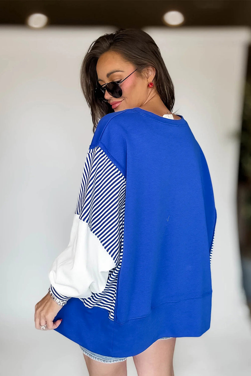 Dark Blue Striped Patchwork Sleeve Colorblock Sweatshirt