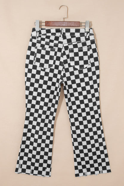 Black Checkerboard Print Distressed Holes Raw Edge Cropped Jeans
