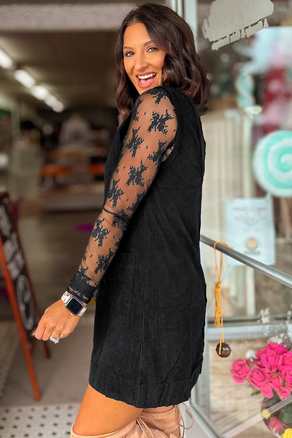 Black Corduroy Sleeveless Mini Dress With Patched Pockets