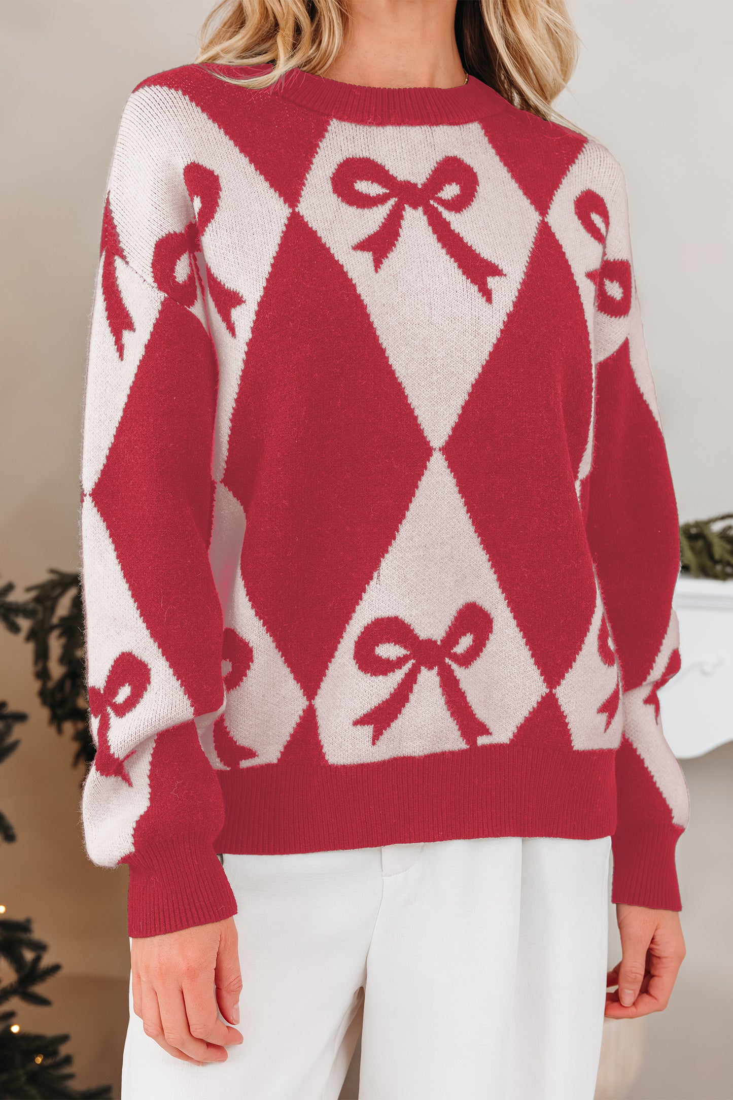 Red Bow Print 2-tone Rhombus Knit Loose Sweater