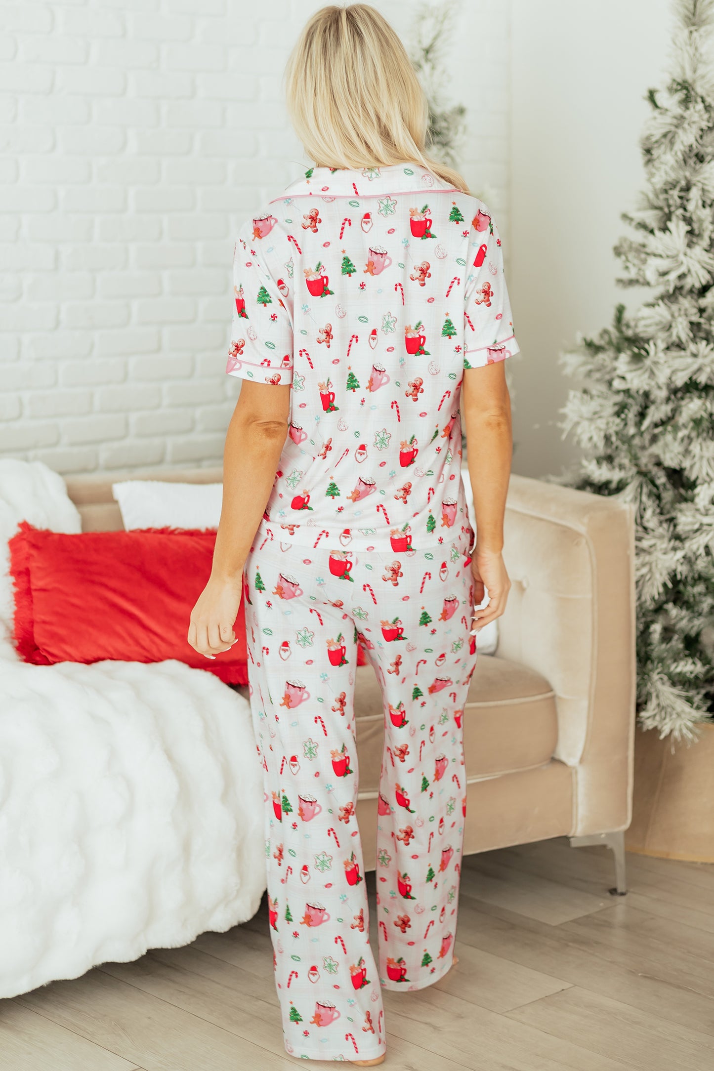 Pink Christmas Spirit Cute Holiday Print Short Sleeve Shirt and Pants 2pcs Pajama Set