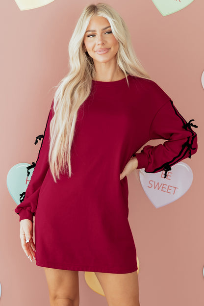 Racing Red Contrast Striped Bow Detail Drop Shoulder Sweatshirt Dress with Pockets