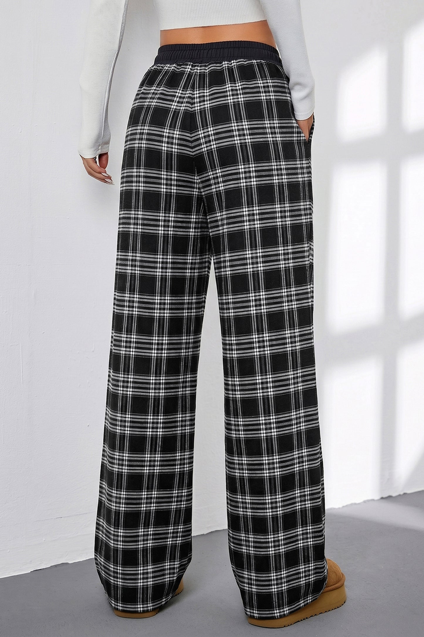 Black Frenchy Plaid Pattern Contrast Drawstring Waist Wide Leg Pants