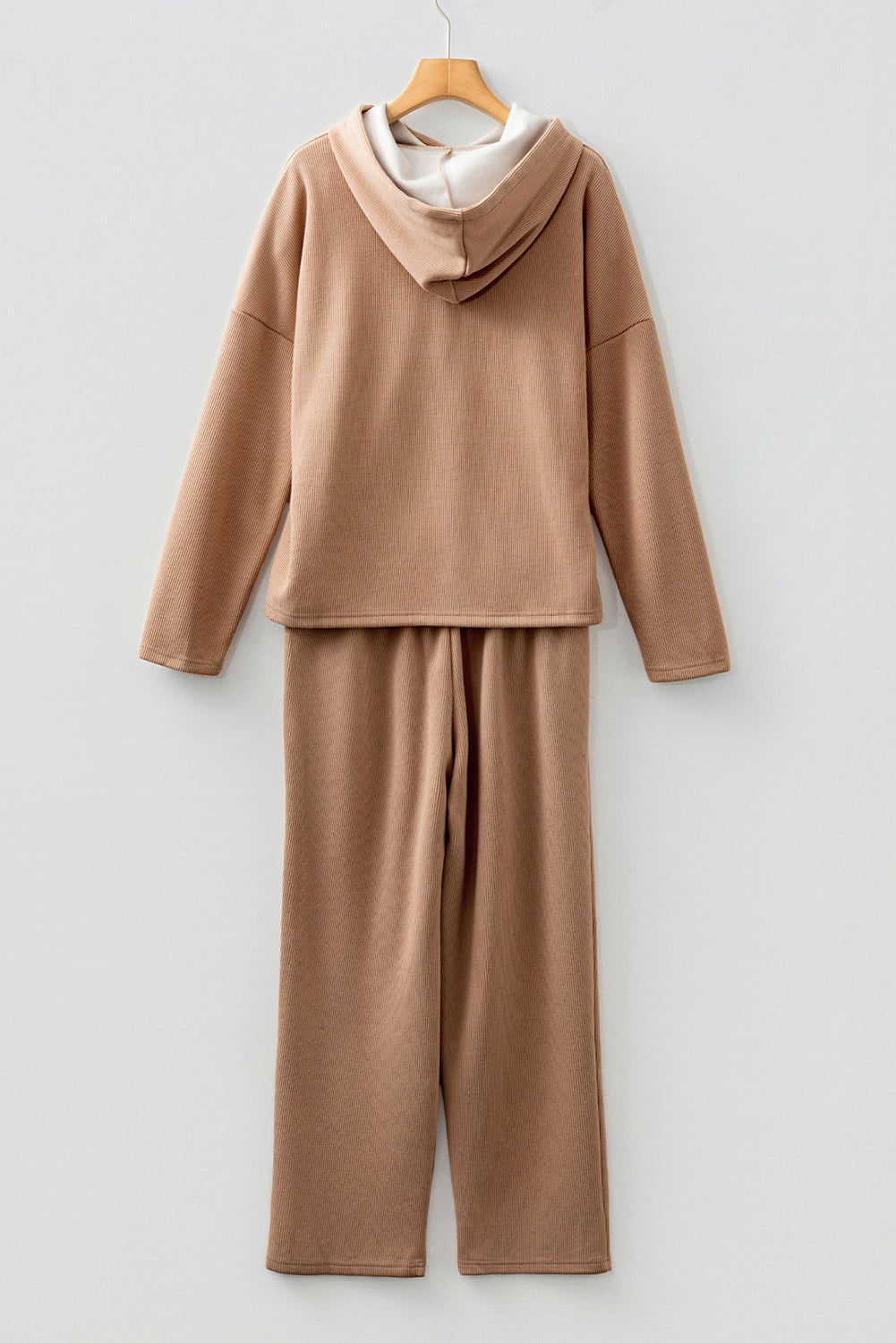 Rose Tan Lace Drawstring Pullover Hoodie and High Waist Pants Corduroy Suit