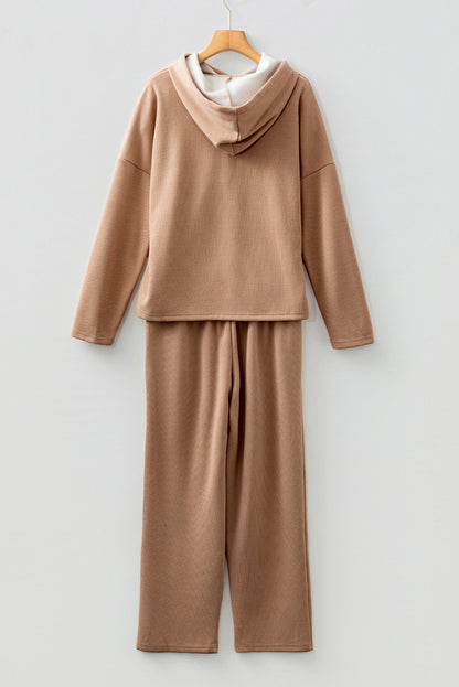 Rose Tan Lace Drawstring Pullover Hoodie and High Waist Pants Corduroy Suit
