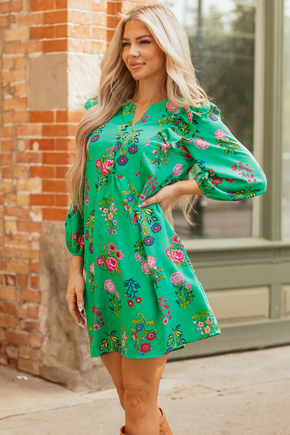 Green Floral Ruffled Three Quarter Sleeve Buttoned Mini Dress