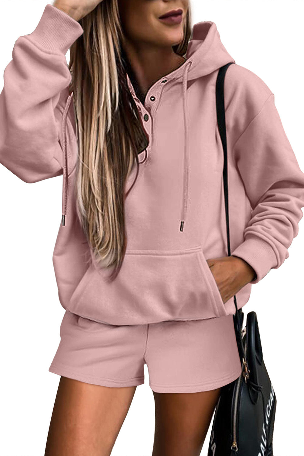 Peach Blossom Button Drawstring Hooded Pullover and Casual Short Set