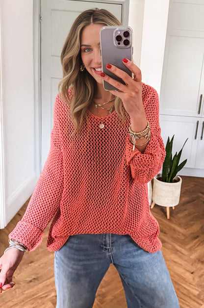 Coral Crochet Hollow-out Jumper Top Sweater