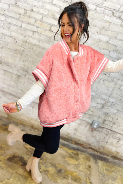 Gossamer Pink Varsity Striped Banding Patchwork Winter Plush Vest