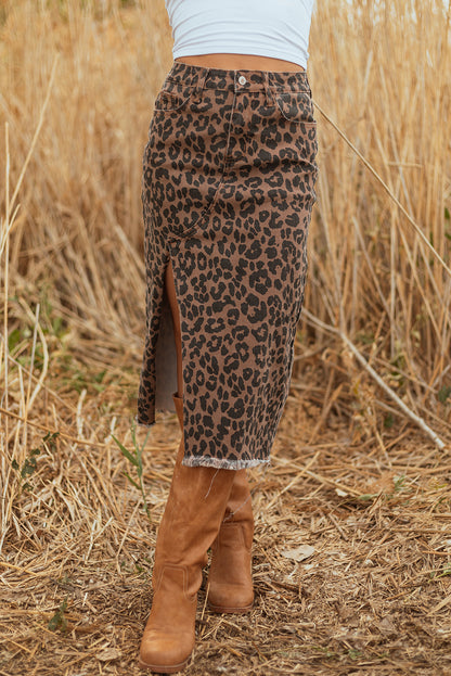 Brown Leopard Denim Frayed Split Denim Midi Skirt