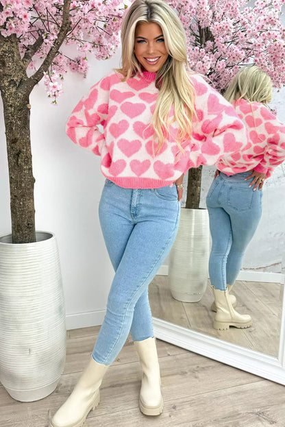 Strawberry Pink Valentine Heart Print Knit Sweater