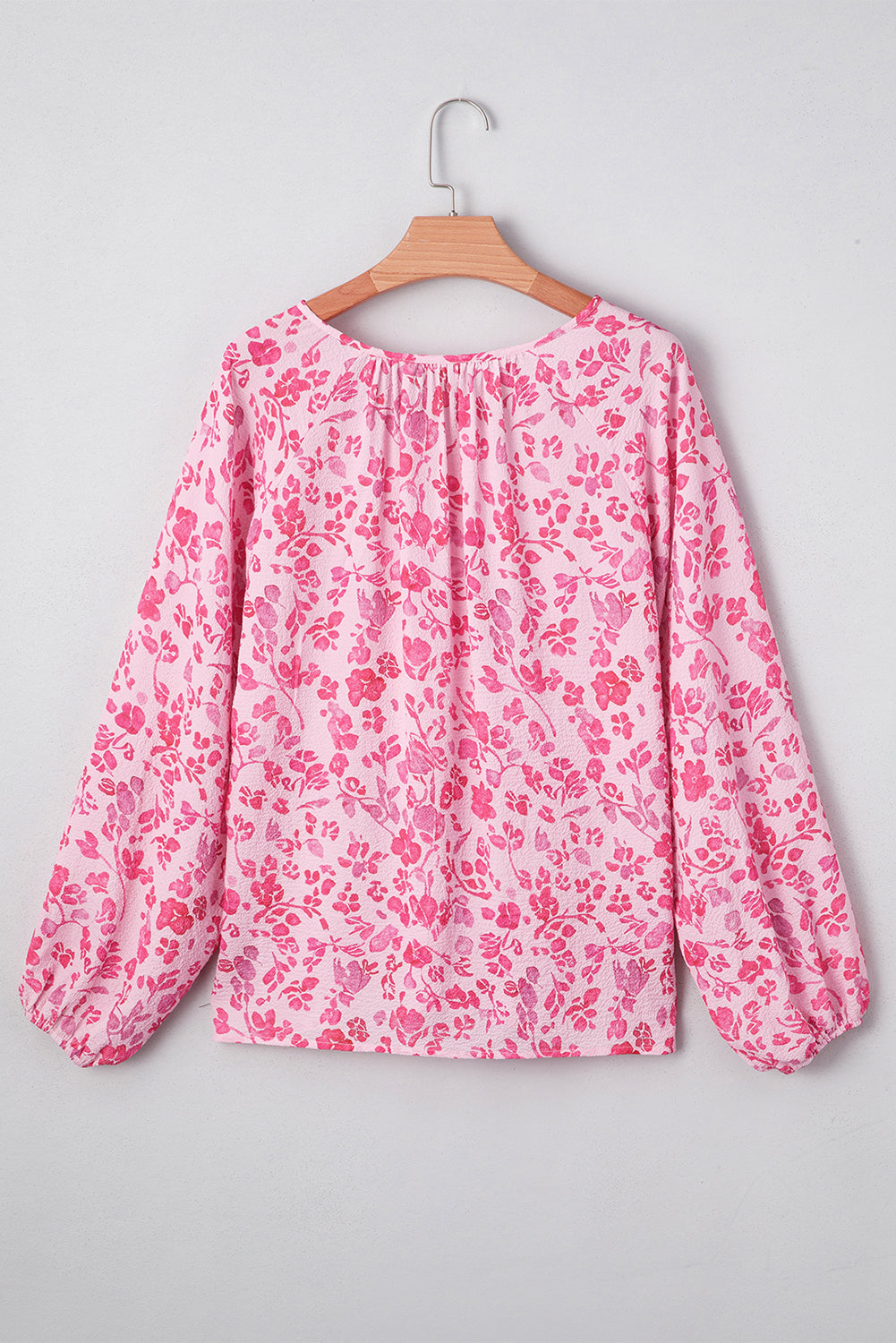 Pink Floral Puff Sleeve Split Neck Lightweight Blouse