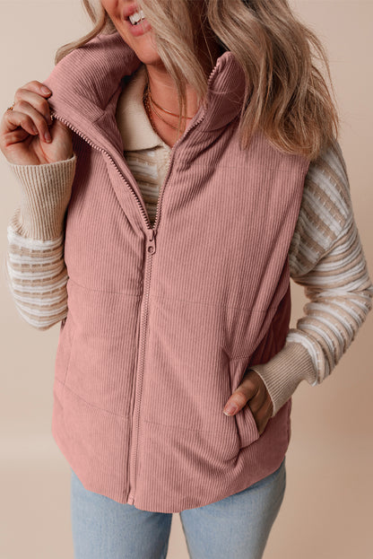 Apricot Pink Corduroy Stand Neck Zipped Puffer Vest