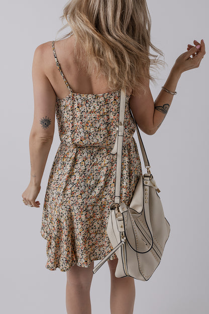 Khaki Boho Floral Printed Tie Waist Flared Sundress