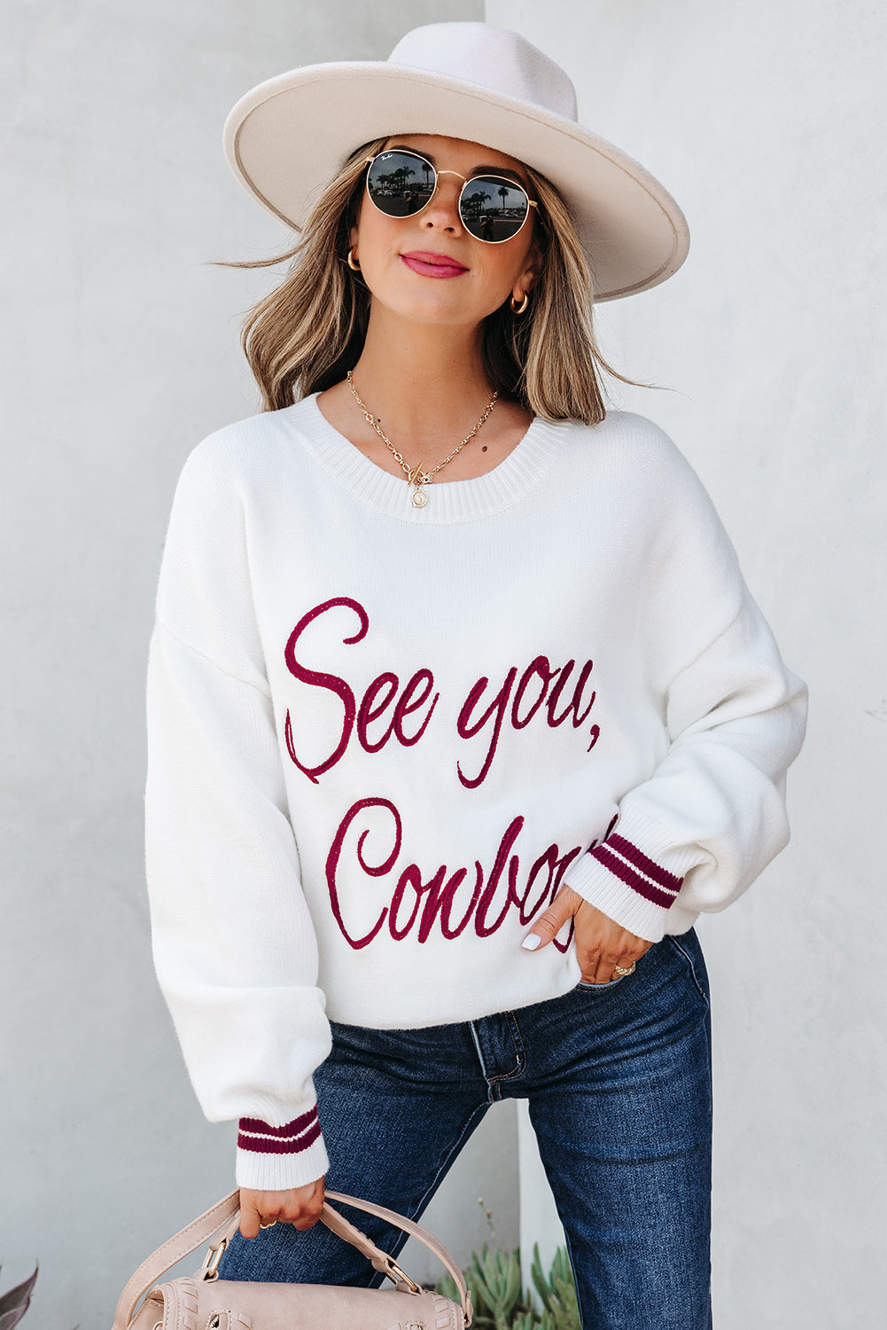 Light Grey See You Cowboy Embroidered Western Graphic Sweater
