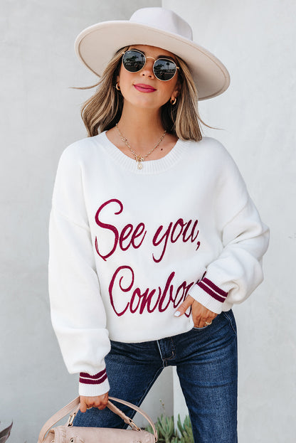 Light Grey See You Cowboy Embroidered Western Graphic Sweater