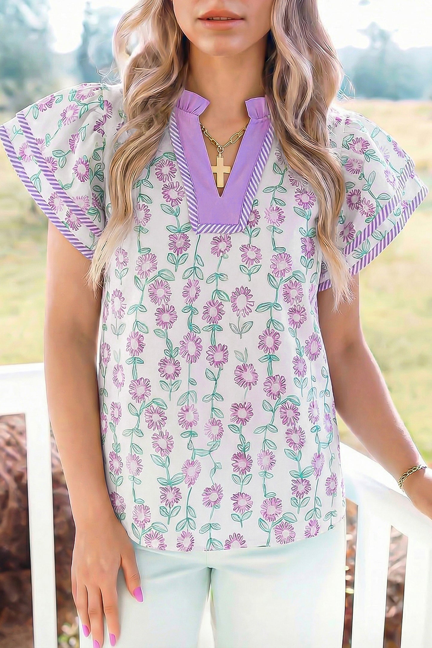 Green Floral Print Striped Detail Contrast V Neck Patchwork Flutter Sleeve Blouse