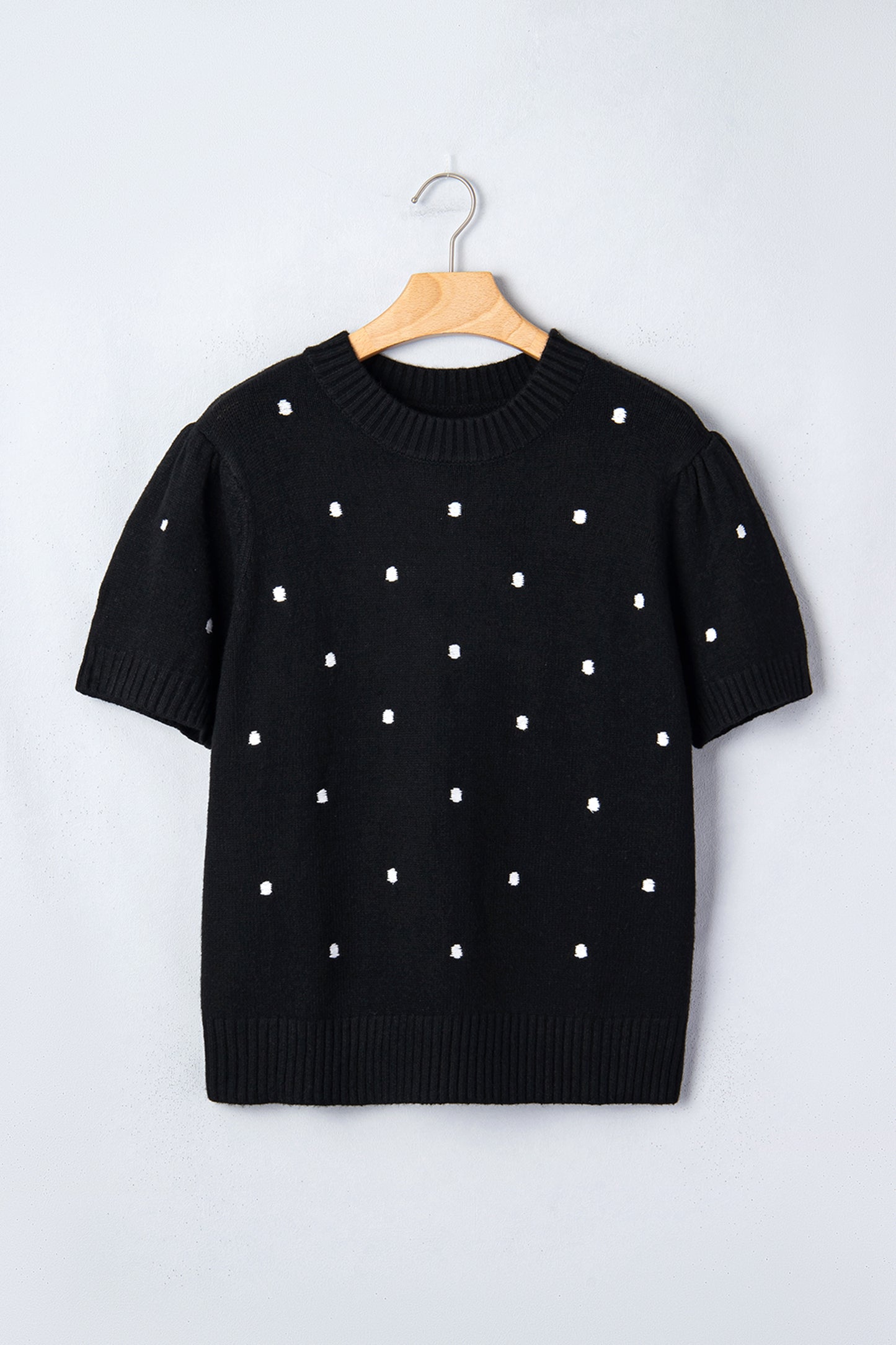 Black Elegant Polka Dot Bubble Short Sleeve Sweater