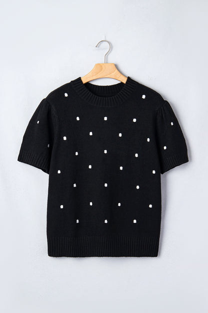Black Elegant Polka Dot Bubble Short Sleeve Sweater