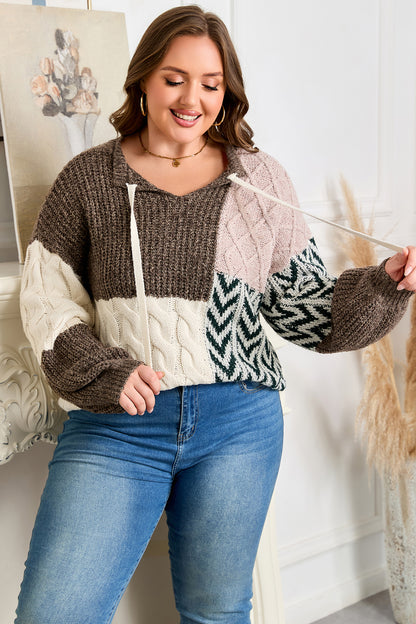 Brown Plus Size Color Block Patchwork Knotted Back Loose Fit Sweater