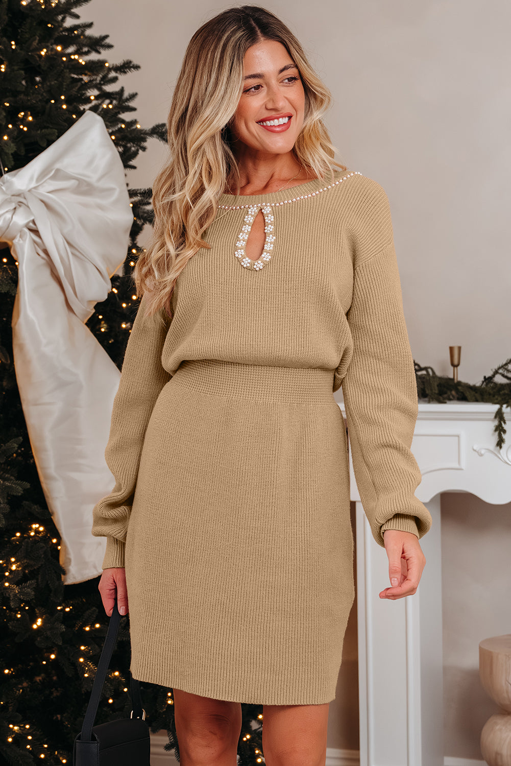 Smoke Gray Pearl Embellished Keyhole Ribbed Sweater Dress