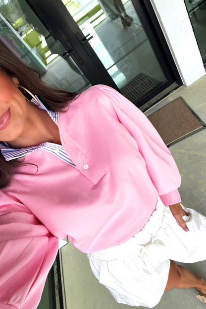 Bonbon Button Striped Collar Patchwork Puff Sleeve Sweatshirt