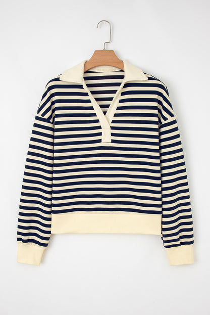 Blue Stripe Collared V Neck Long Sleeve Casual Top
