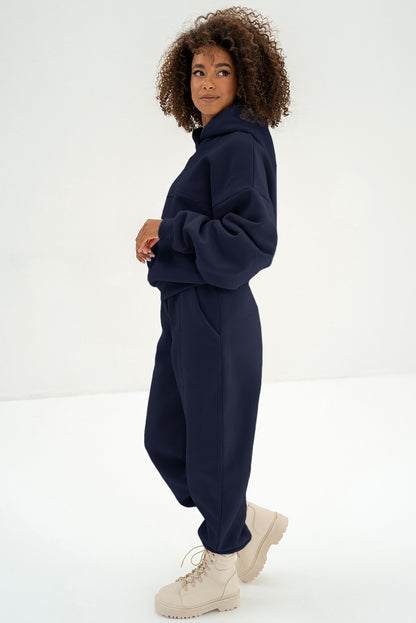 Navy Blue Solid Exposed Seams Hoodie and Joggers Activewear Set