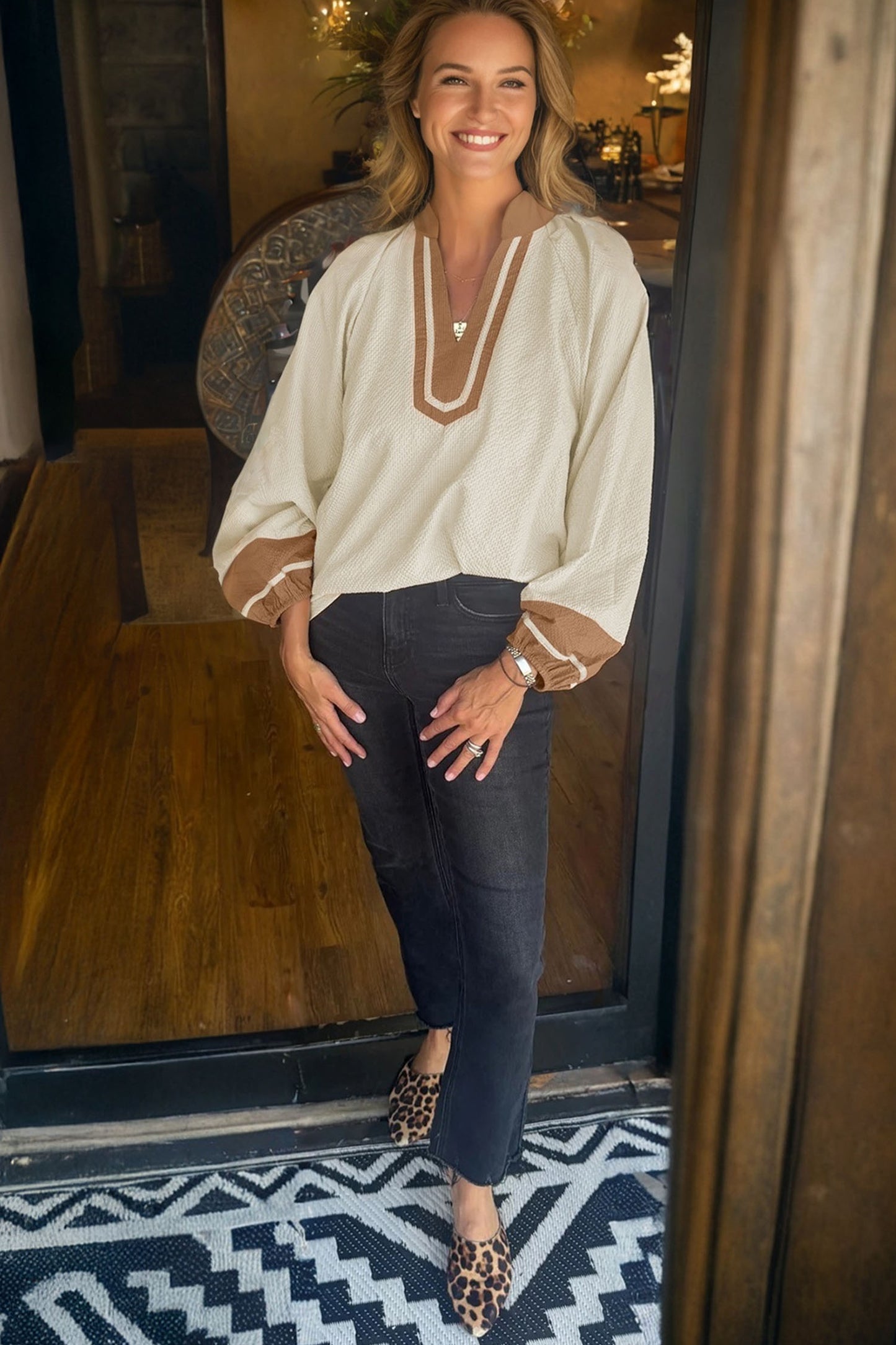 Black Color Block Patchwork Detail V Neck Textured Long Sleeve Blouse