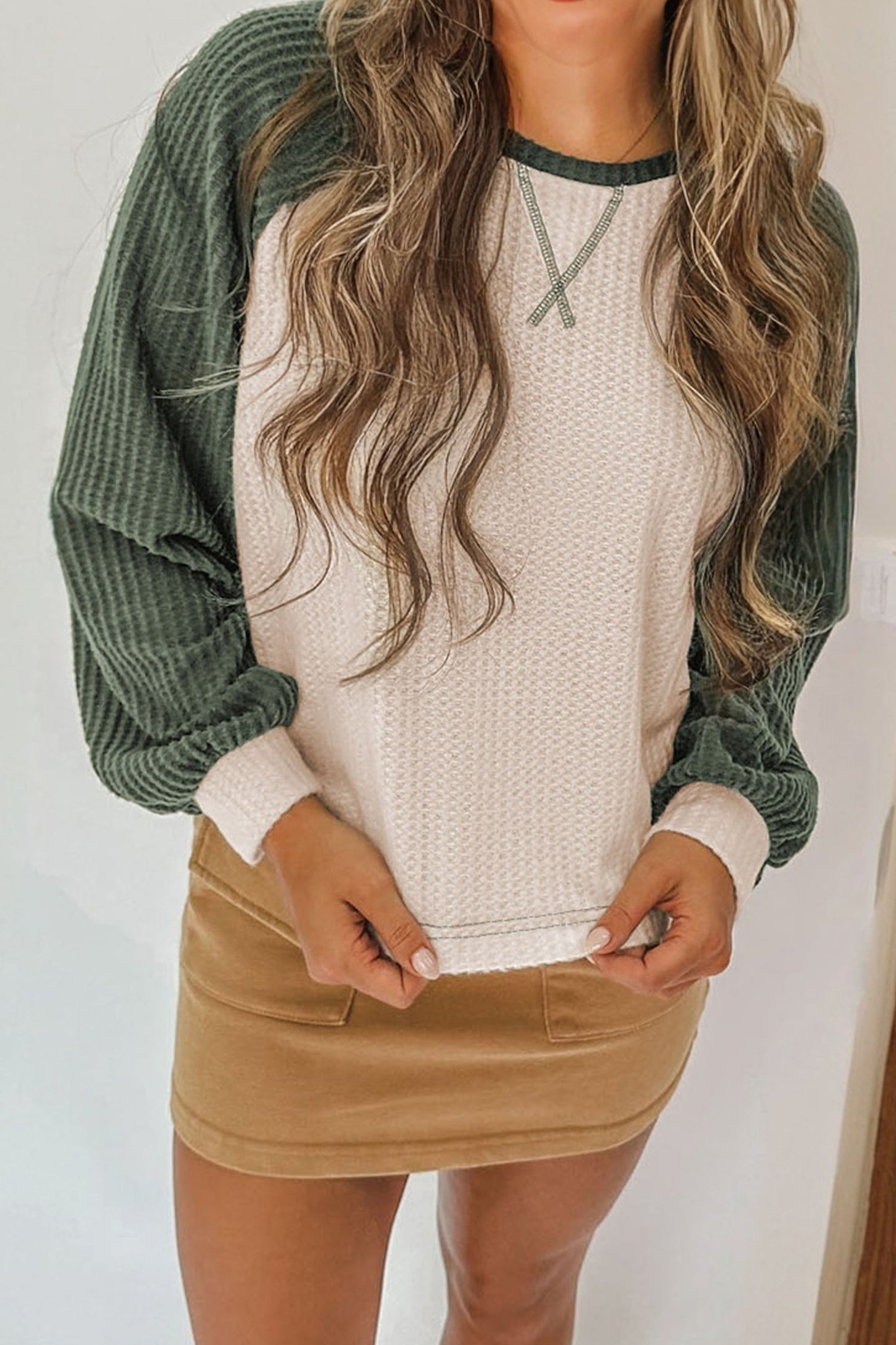 Camel Waffle Color Block Raglan Sleeve Top