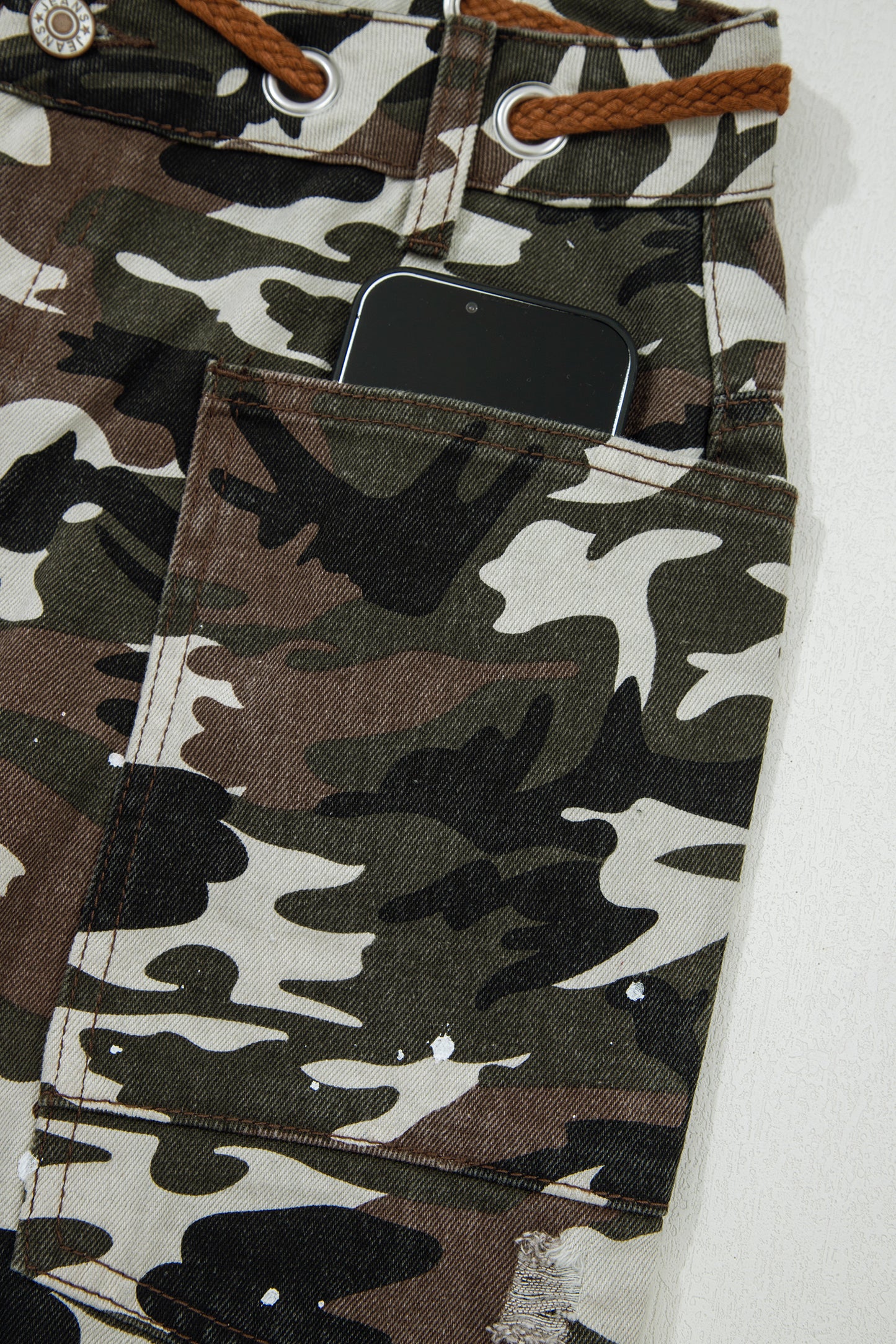 Green Camouflage Print Splashed Distressed Loose Denim Pants